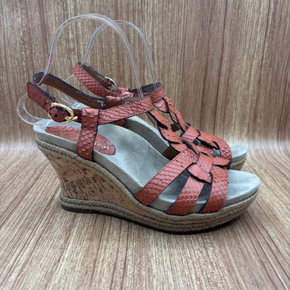 Earthie Corsica Wedge Sandals Womens 8B Spice Orange Leather Snakeskin Braided